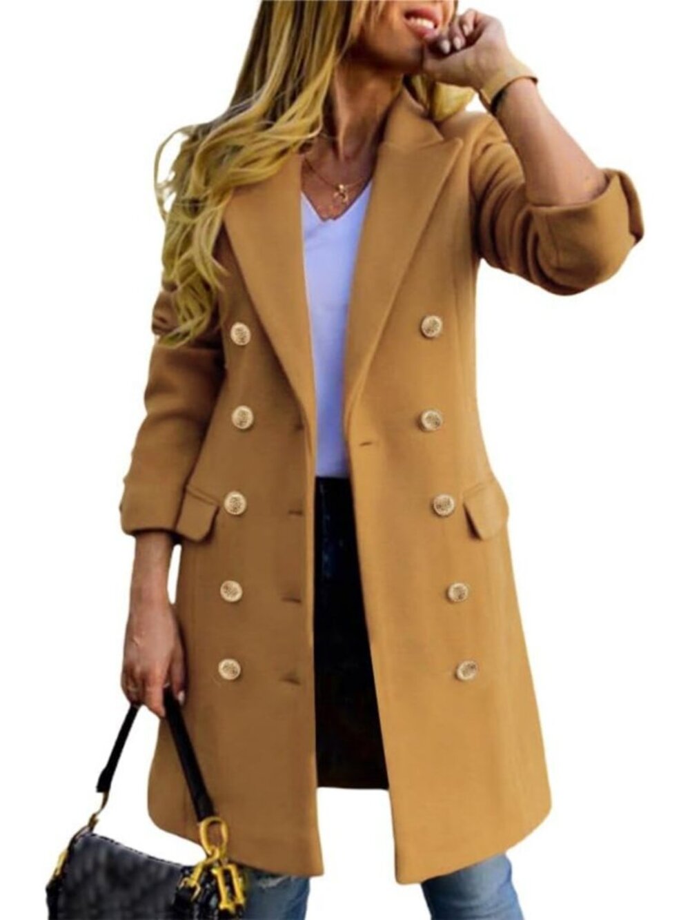 Chic Women's Double Breasted Wool Peacoat | Stylish Fall Winter Midi Coat